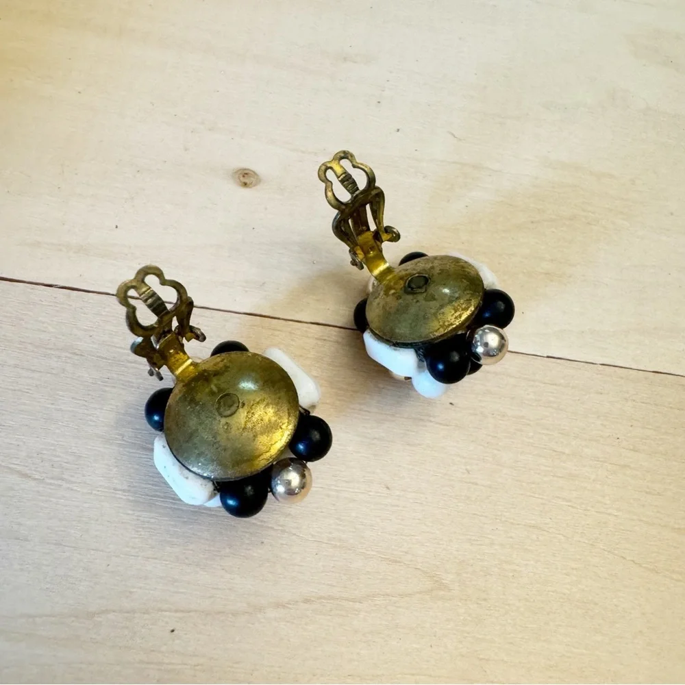 Vintage Milk Glass Crystal Black Gold Bead Clip On Earrings Marked Japan